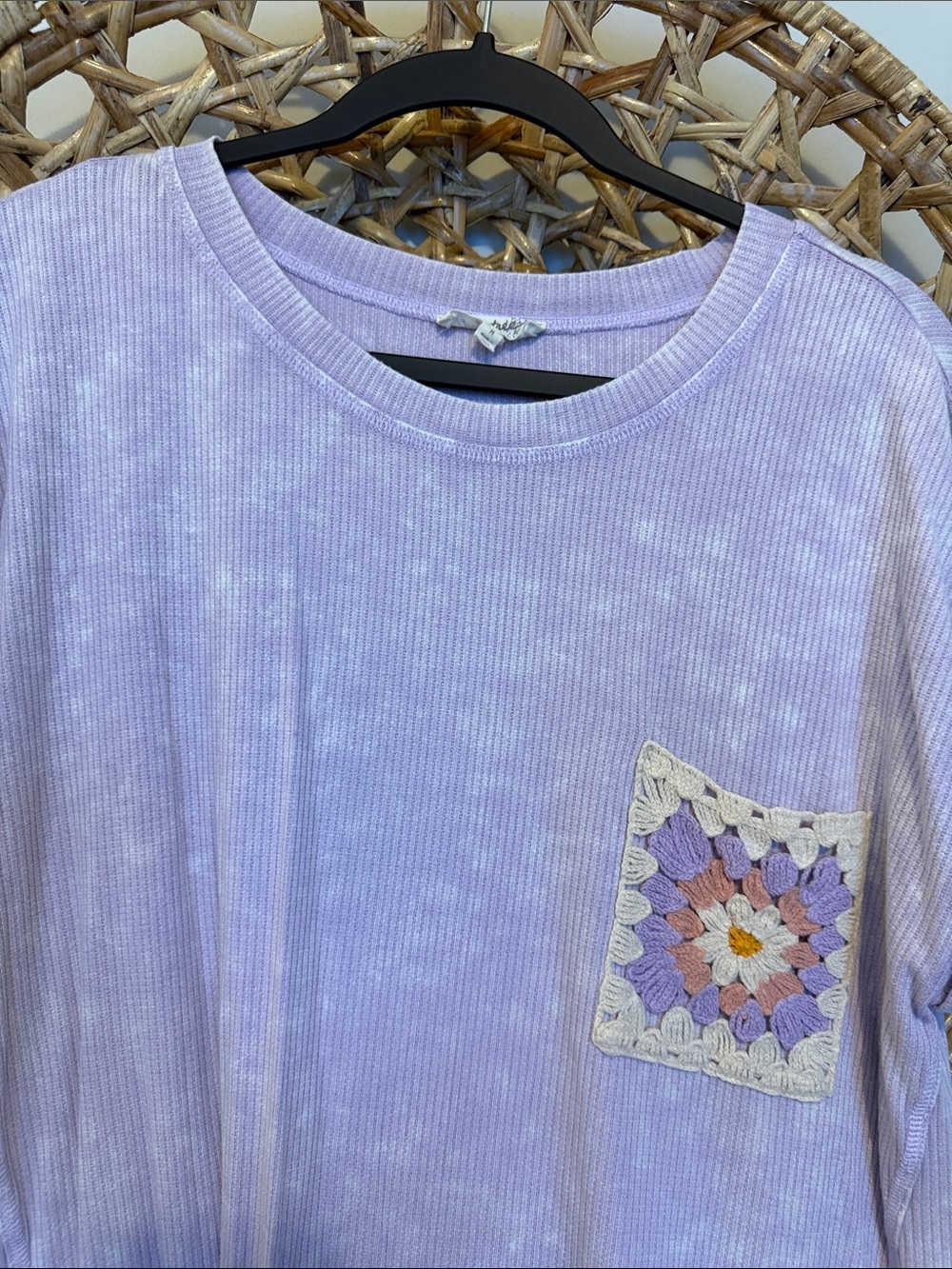 Mystree Lilac Ribbed Knit Top with Crochet Pocket
